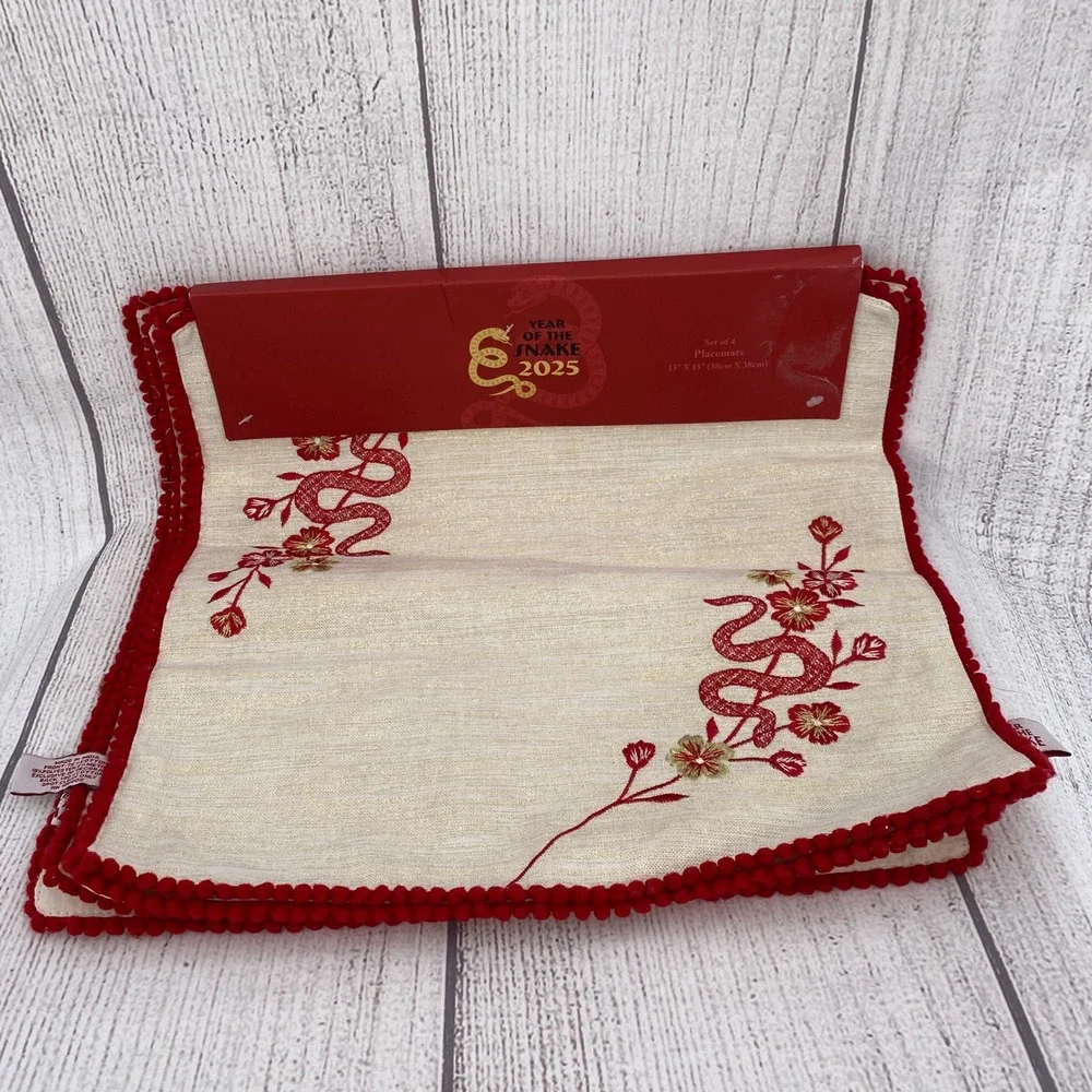 Year of the Snake 2025 Placemats Set of 4 Cream Red Gold Embroidered Pom Trim